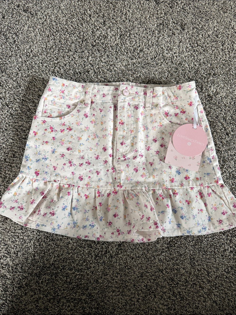 LoveShackFancy Cream Floral Ruffle Mini Skirt with Pink & Blue Accents
